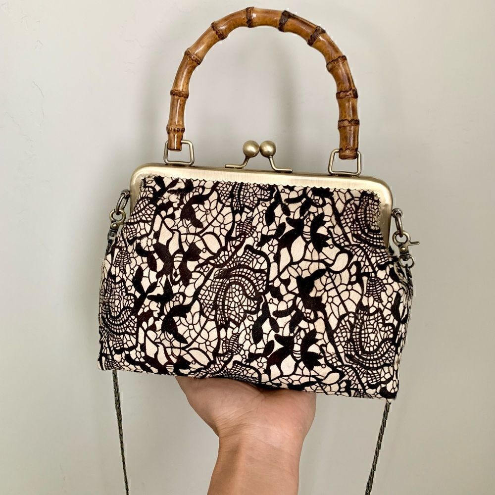 Chic Handmade Real hair-on-horsehide Black Lace Printed, Bamboo Handle Bag